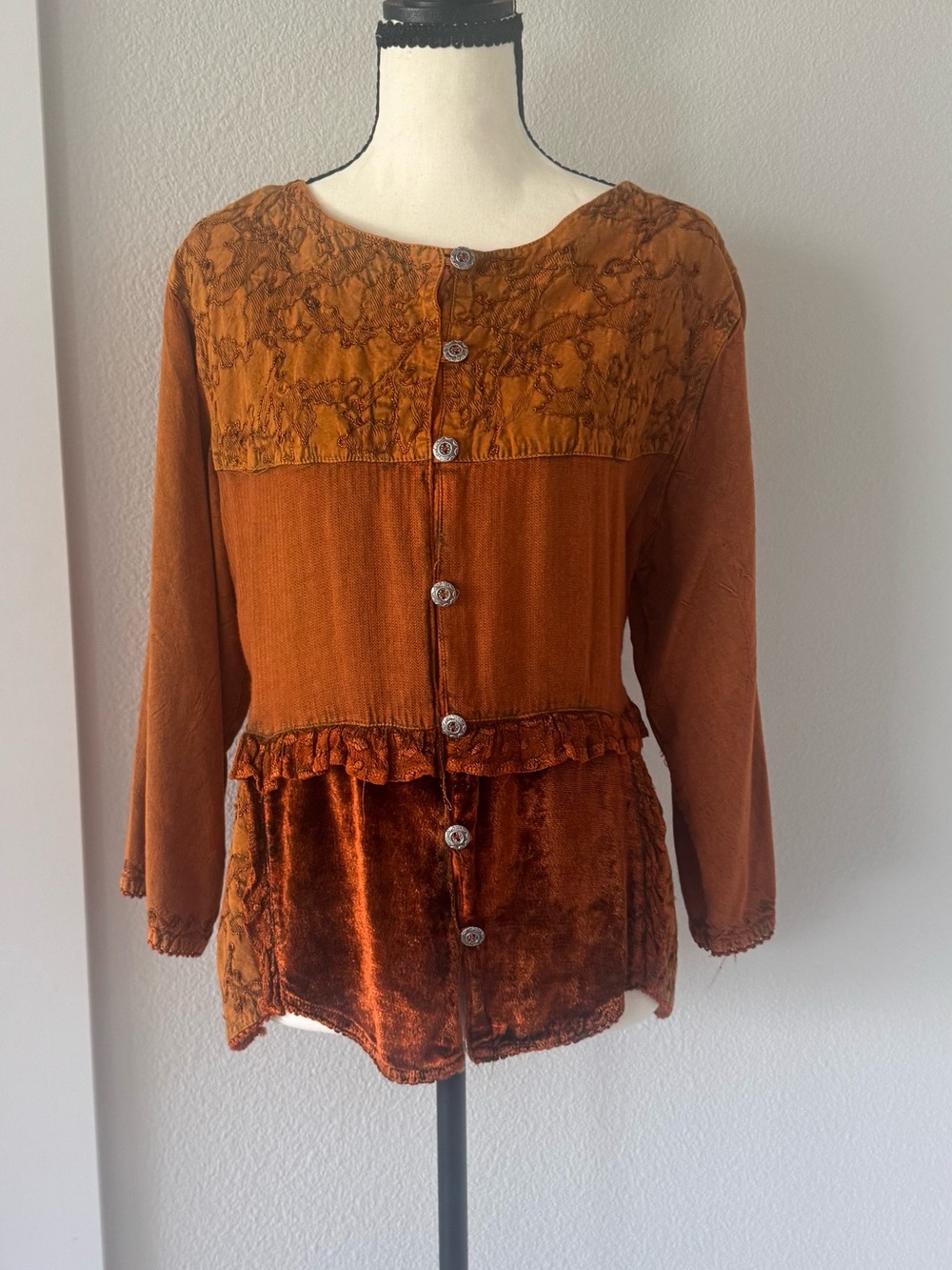 Just Cruising Whimsigoth Fairy Grunge Rust Velvet Crinkle Top L/XL